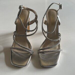 Silver Rhinestone Strappy Heels - Sparkling Square Toe